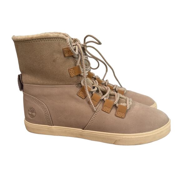 Timberland Gray Suede Dausette Cream Fleece Fold Down Boots Booties 6 cabincore - Picture 12 of 14